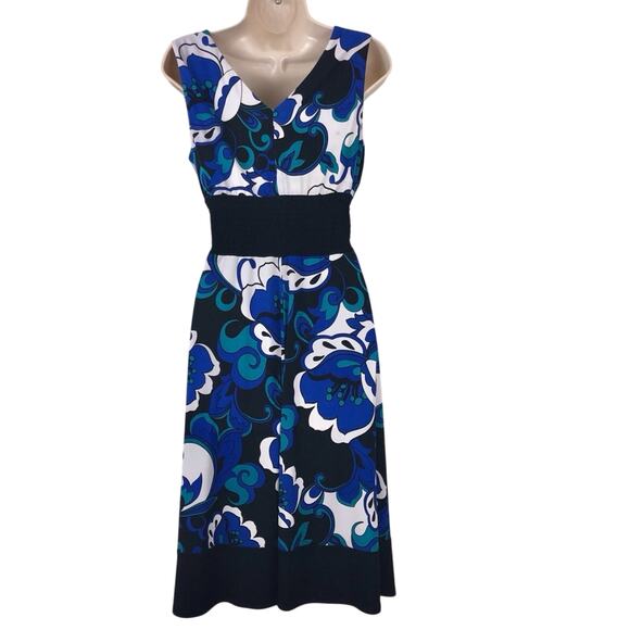 Rabbit Rabbit Rabbit Blue Floral Fit & Flare Dress Sleeveless Black Trim V Neck - Picture 15 of 16